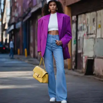 Outfit inspiracije Ljeto sa Ljubičasta Dugi Sako/Boyfriend Sako/Kožna Jakna za Muškarce/Elegantni Sako/Oversize Sako/Kratki Sako/Dvoredni Sako/Kožna jakna za muškarce/Sako Jakna Trendyol, Žuta Shopper torba/Torba za nošenje/Torbica za telefon/Torbica/Torba Za Preko Ramena/Mala Torbica/Torba za rame/Torba Za Notebook/Torba preko ramena woox "80-ih godina odjevna kombinacija s hlačama širokih nogavica"
