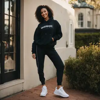 Outfit inspiracije Ljeto sa Crna Sportska dukserica/Sportska majica/Unisex Majica S Kapuljačom/Oversize majica s kapuljačom/Kožna jakna/Pletena dukserica/Otmjena majica s kapuljačom/Pulover S Kapuljačom/Vintage majica s kapuljačom basic feel good, 7/8 Hlača/Jersey Hlača/Jogger Hlača/Hlača za Trčanje/Sportske hlače/Hlače za Trening/Treggings Adidas, Krem/Bijela Tenisica s platformom/Debele Tenisice Big Star "90-ih sportski izgled"