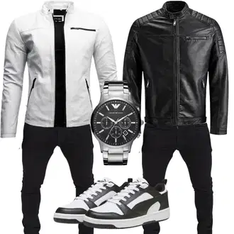 Outfit mit Grau/Weiß/Hellgrau KunstLederjacke/Motorradjacke/Bikerjacke/Jacke mit Seitlichem Reißverschluss Crone "Alltags Outfit"