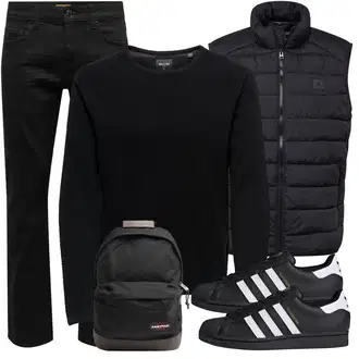 Outfit mit Schwarz Feinstrickpullover/Basic Pullover/Wollpullover/Einfacher Pullover/Kaschmir Pullover/Rundhals Pullover/Strickpullover Only & Sons "Alltags Outfit"