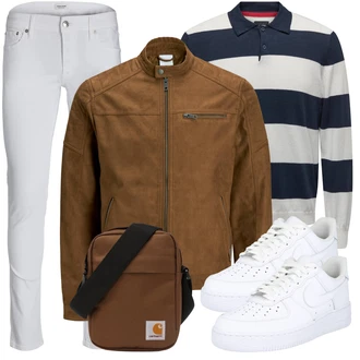 Große Größen Outfit mit Braun/Dunkelbraun/Khaki Mantel/Stehkragen-Strickjacke/Strickjacke/KunstLederjacke/Wachsjacke/Jacke mit Seitlichem Reißverschluss/Nachhaltige Jacke/Vintage Lederjacke/Übergangsjacke/Kunstfaserjacke/Lederjacke Jack & Jones "Alltags Outfit"