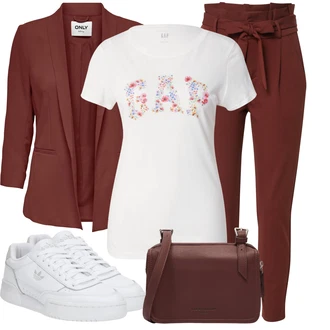 Elegantní Outfit s Červená/Tmavě červená/Hnědá/Vínová Paperbag Kalhoty/Mrkvová Kalhoty/Mušelínové kalhoty/Kalhoty s Vysokým Pasem VERO MODA "Cool každodenní outfit"Look: Rad, Emo, Cool, Elegantní, Kancelář, Old Money, Venkovní, Univerzitní