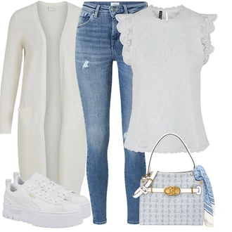 Babydoll Outfit s Šedá/Krémová/Stříbrný/Bílá Halenka a Tunika/Tričko & Top Móda Pro Plnoštíhlé/Halenka Móda Pro Plnoštíhlou Pieces "Pouliční styl oblečení"Look: Styl, Lehký, Babydoll, Egirl, Krásný, Měkká dívka