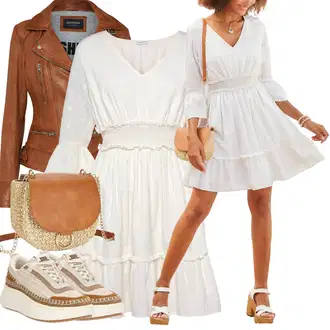 Folklor Outfit s Krémová/Bílá/Žlutá/Béžová Tunikové šaty/Šaty S Kosticí/Šaty na Konfirmaci/Šaty s trumpetovým rukávem/Boho Šaty Elegantní/Občanské šaty/Mušelínové šaty Lascana "Barevný jarní outfit"