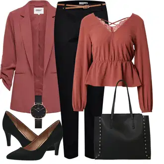 Móda pro plnoštíhlé Outfit s Červená/Oranžová/Fialová/Hnědá Halenka s Dlouhým Rukávem/Rozverná blůza/Halenkový Top/Elegantní Halenka/Kožená bunda pro muže/Peplum blůza/Halenkové Body/Crash blůza/Neobvyklá Halenka/Otevřená Halenka About You "Vzhled casual"