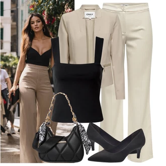 Elegantní Outfit s Béžová/Khaki Rovná Kalhoty/Rozšířená Kalhoty/Kalhoty s Vysokým Pasem/Kalhoty Bootcut/Twillová Kalhoty/Business Kalhoty/Marlene Kalhoty/Obleková Kalhoty/Kalhoty s nášivkou uprostřed/Kalhoty se Štěrbinou Only "Stylový vzhled pro volný čas"Look: Emo, Šik, Klasické, Elegantní, Kancelář, Old Money, Venkovní, 70tá léta