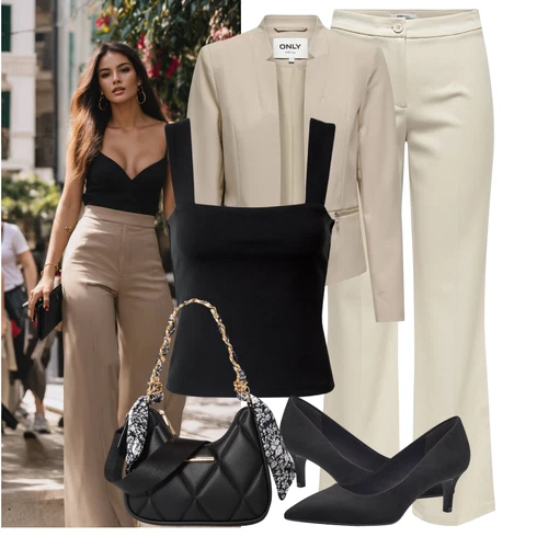 Kombinace Béžová/Khaki Rovná Kalhoty/Kalhoty Bootcut/Kalhoty s Vysokým Pasem/Obleková Kalhoty/Business Kalhoty/Twillová Kalhoty/Kalhoty s nášivkou uprostřed/Rozšířená Kalhoty/Marlene Kalhoty/Kalhoty se Štěrbinou Only kombinovat s Černá/Hnědá Top Se Špagetovými Ramínky/Bustierový Top/Halenka Bez Rukávů Edited
