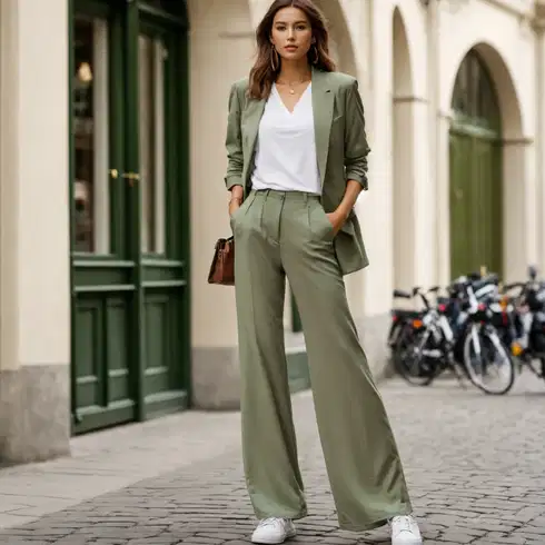 Kombinace Zelená/Neonové barvy Zvonová Kalhoty/Rozšířené legíny/Rozšířená Kalhoty/Kalhoty se Štěrbinou/Kalhoty Bootcut/Zvonové Legíny about you x laura giurcanu