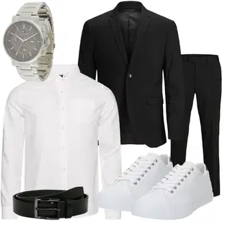 Büro Outfits Moderne mit Schwarz/Dunkelgrau Anzug/Kostüm/Business Hosenanzug jack & jones premium, Schwarz Frauengürtel Ohne Schnalle/Ledergürtel/Klassische Gürtel/Casual Gürtel/Breiter Gürtel About You "Buro Outfit"Look: Uni, Rad, Premium, Business, Büro, Smart Casual, Elegant, Edel, Moderne, Stil, Retro, 80er, Classic, Unisex, Seriöse, Coole