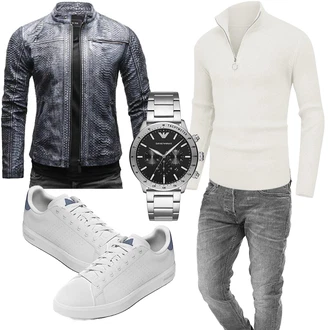 Outfit mit Dunkelgrau/Dunkelblau/Grau Jacquard Jacke/Motorradjacke/KunstLederjacke/Jacke mit Seitlichem Reißverschluss/Bikerjacke/Lederjacke Crone "Buro Outfit"
