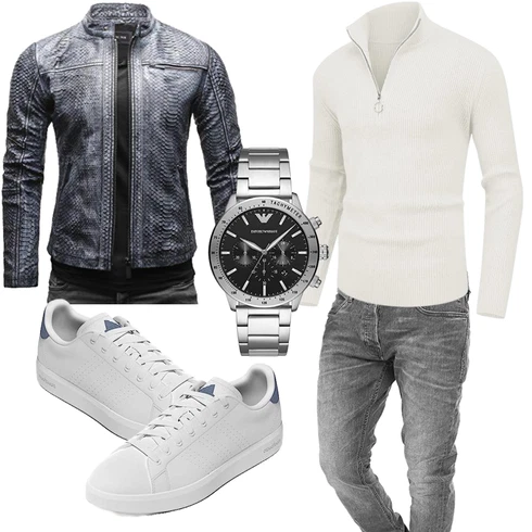 Dunkelgrau/Dunkelblau/Grau Jacquard Jacke/Motorradjacke/KunstLederjacke/Jacke mit Seitlichem Reißverschluss/Bikerjacke/Lederjacke Crone kombinieren