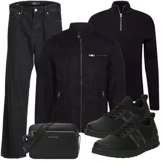 Outfit mit Schwarz/Dunkelblau Mantel/Stehkragen-Strickjacke/Wolle Strickjacke/Strickjacke Gefüttert/Kurze Strickjacke/Baumwoll Strickjacke/Jacke mit Seitlichem Reißverschluss/Strickfleecejacke/Cordjacke/Nachhaltige Jacke/Kunstfaserjacke/Trachtenstrickjacke Jack & Jones "Buro Outfit"