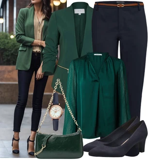 Elegantní Outfit s Tmavě zelená/Zelená/Tyrkysový Elegantní Halenka/Saténová Halenka/Halenka se Stojatým Límcem/Kožená bunda/Otevřená Halenka/Crash blůza/Hedvábná Halenka/Průhledná blůza/Neobvyklá Halenka About You "Vzhled casual"Look: Styl, 20 léta, Elegantní, Irský, Italský, Kancelář