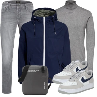 Outfit mit Grau/Dunkelgrau/Hellgrau Rollkragenpullover/Feinstrickpullover/Basic Pullover/Einfacher Pullover/Wollpullover Only & Sons "Casual Outfit"