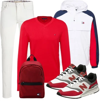 Retro Outfit mit Rot/Beige/Hellgrau gesundheitsschuh/Vintage Sneaker/Sommer Sneaker/Walkingschuh/Sneaker Low/Bequemer Schuh New Balance "Casual Outfit"Look: Outdoor, Skater, Steampunk, 90er, Reggaeton, Workwear, Retro, Sportlich, Streetwear, Elegant, Nerd