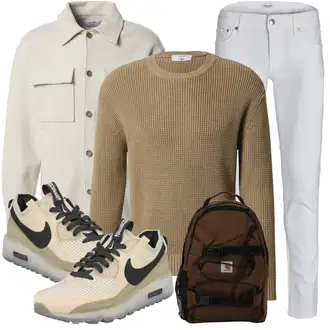 Casual Outfits Elegant mit Beige/Khaki gesundheitsschuh/Sommer Sneaker/Schuh Mit Rolle/Sneaker Low/Sneaker Mit Lochmuster/Skateschuh Nike Sportswear, Dunkelbraun/Braun/Khaki Mini-Rucksack/Sportrucksack/Militär Tasche/Mannstasche Carhartt Wip "Casual Outfit"Look: Esthetische, Extravagante, Schön, Outdoor, Skater, Smart Casual, Sportlich, Attraktive, Classic, Elegant, Premium, Retro, Safari, Streetwear, Unisex, Workwear