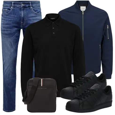 Dunkelblau/Hellblau Bomberjacke/Stehkragen-Strickjacke/Strickjacke Gefüttert/Baumwoll Strickjacke/Nachhaltige Jacke/Frühlingsjacke/Sommerjacke/Jacke mit Seitlichem Reißverschluss/Uniformjacke/Kastenjacke Jack & Jones kombinieren