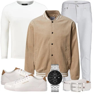 Knielang Outfit mit Weiß/Creme/Beige Schmaler Sneaker/Leder Sneaker/Sneaker Low/Sneaker Mit Seitlichem Reißverschluss Jack & Jones "Casual Outfit"