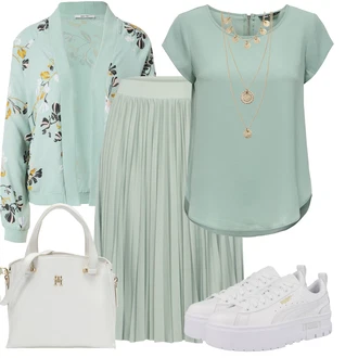 Elegantní Outfit s Světle zelená/Zelená Koktejlová Sukně/Sukně S Délkou Ke Kolenům/Krátká Plisovaná sukně/Rozhalená Sukně/Sukně Pro Svatebního Hosta/Italská Sukně/Moderní Sukně/Midi Sukně/Mačkaná Sukně/Vázací Sukně/90tá Léta Sukně About You "Vzhled casual"Look: Lehký, 20 léta, Business, Šik, Elegantní, Krásný, Old Money, 70tá léta, Klasické, 60. Let