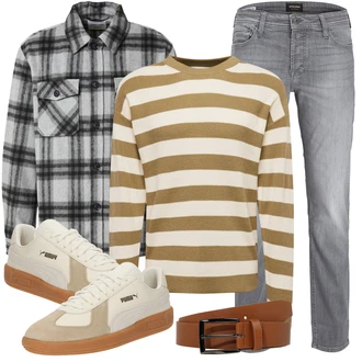 Outfit mit Braun/Beige/Khaki Strick Top/Ringelshirt/Rollkragenshirt Jack & Jones "Cool Outfit"