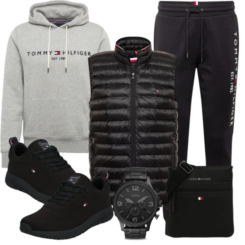 Grau Große Größe Sweatmode/Vintage Hoodie/Sport Hoodie/Hoodie/Ausgefallener Hoodie/Sport Sweatshirt/Unisex Hoodie/Kapuzenpullover/Damen Pullover Tommy Hilfiger kombinieren mit Schwarz Umhängetasche/Gürteltasche/Mannstasche/Hüfttasche/Schultertasche/Smartphone Tasche Tommy Hilfiger
