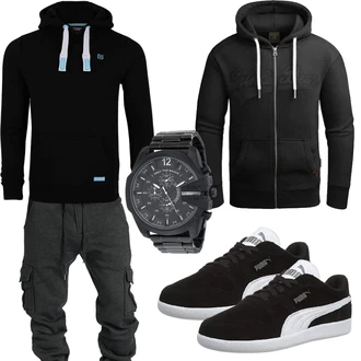 Groß Outfit mit Schwarz/Dunkelgrau KapuzenPullover/Partner Hoodie/Vintage Hoodie/Hoodie/Ausgefallener Hoodie/Strick Hoodie/Sweatjacke/Sport Hoodie/Pullover mit Reißverschluss Grin&Bear "Cool Outfit"