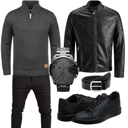 Schwarz/Braun Sportjacke/Motorradjacke/Jacke mit Seitlichem Reißverschluss/Außergewöhnliche Jacke/Bikerjacke/Kunstfaserjacke/Leder Bomberjacke/Kunstlederjacke Jack & Jones kombinieren