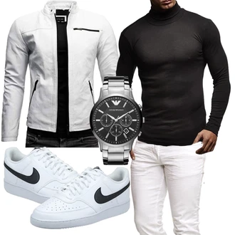 Outfit mit Grau/Weiß/Hellgrau KunstLederjacke/Motorradjacke/Bikerjacke/Jacke mit Seitlichem Reißverschluss Crone "Cool Outfit"