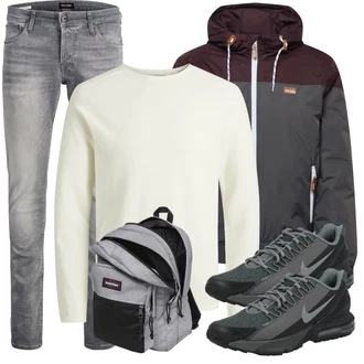 Outfit mit Grau/Hellgrau/Dunkelgrau Biker Jeans/Slim Fit Jeans/Lederjacke/Low Rise Jean/Leder Schuhe/Herren Lederjacke/Jeans mit Schlitz/Low Waist Jean/Winterjacke Jack & Jones "Cool Outfit"
