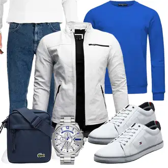 Outfit mit Grau/Weiß/Hellgrau KunstLederjacke/Motorradjacke/Bikerjacke/Jacke mit Seitlichem Reißverschluss Crone "Cool Outfit"