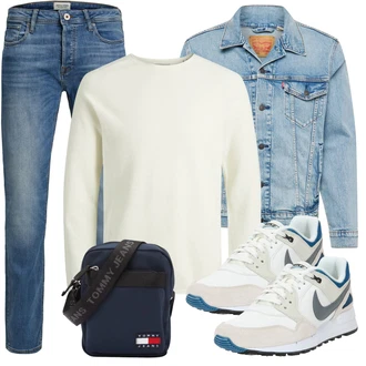 Schön Outfit mit Blau/Hellblau Slim Fit Jeans/Low Rise Jean/Leder Schuhe/Lederjacke/Low Waist Jean/Winterjacke/Jeans mit Schlitz/Regular-Fit Jeans/Knöchelstiefel/Schlupfjeans/Straight Leg Jean Jack & Jones "Cool Outfit"Look: Uni, Schlichte, Coole, Schön, Smart Casual, Casual, Premium, Old Money