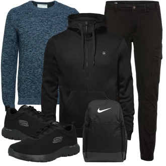 Outfit mit Schwarz/Dunkelgrau/Grau Sportrucksack/Mannstasche/Gym Tasche/Mini-Rucksack Nike "Cool Outfit"