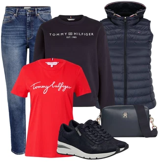 Outfit s Fialová/Černá/Tmavě modrá Fleecová Mikina/Kožená bunda/Sportovní mikina Tommy Hilfiger "Cool vzhled na jaro"
