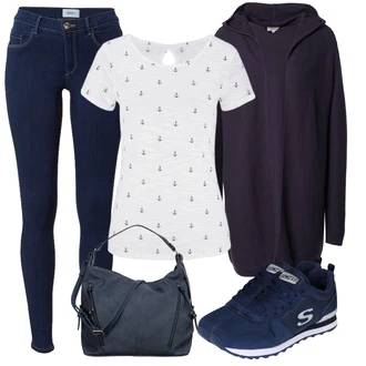 Outfit s Krémová/Tmavě modrá Fancy tričko/Pletené tričko/Polo Tričko/Tričko s potiskem/Košile s potiskem BEACH TIME "Cool vzhled na jaro"