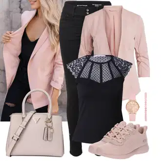 vypchaný Outfit sa Crna Kožna Jakna/Ženske Traperice 7/8 Dužine/Bikerske Traperice/High Waist Traperice/Traperice s Prorezom/Push-up Traperice/Traperice Slim Kroja/Kožne Cipele/Termo Traperice/Zimska jakna Tom Tailor "Moderni outfit za proljeće"