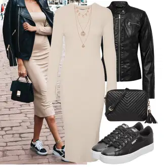 Výstřih na ramena Outfit s Béžová/Khaki/Hnědá Šaty s dlouhým rukávem/Zimní Pletené Šaty/Dlouhé pletené šaty/Svetrové Šaty/Zimní šaty s dlouhým rukávem/Šaty S Rolákem VERO MODA "Jarní outfit"