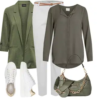 90-ich, Stil Outfit sa Tamnozelena/Kaki/Siva/Smeđa Bluza s gumbom/Duga Bluza/Bluza Dugih Rukava/Tunika Majica/Slip-on Bluza/Bluza s Podignutim Ovratnikom/Svilena bluza/Poslovna Bluza/Bodija Bluze/Jednobojna Bluza/Kožna jakna/3/4 Bluza Vila "Cool outfit za svaki dan"Look: klasický, Lagano, Stil