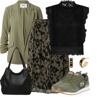 Festival Outfit s Tmavě zelená 60tého Léta Sukně/80tého Léta Sukně/90tá Léta Sukně/Mačkaná Sukně/Moderní Sukně/Sukně s potiskem/Sukně Pro Matriku/Vázací Sukně/Zimní Sukně About You "Volnočasový outfit na jaro"Look: 40. narozeniny, 50. narozeniny, 60. narozeniny, Koncert, Chatky, Festival, Matriční úřad, Narozeniny