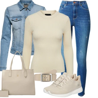 Outfit sa Plava Kožna Jakna/Ženske Traperice 7/8 Dužine/Čizma do Gležnja/Skraćene Traperice/High Waist Traperice/Traperice s Prorezom/Traperice s Rupom/Push-up Traperice/Slip-on Traperice/Kožne Cipele/Muška Kožna Jakna/Zimska jakna VERO MODA "Moderna kombinacija za slobodno vrijeme"