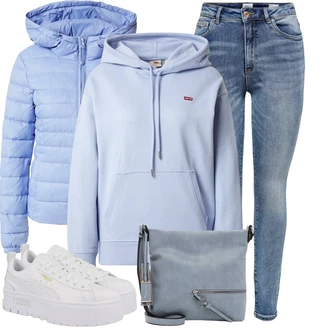 Outfit s Světle modrá/Modrá Prošívaná Bunda/Bunda s Kapucí/Nafukovací Bund/Puchová Bund/Letní peřová bunda/Zimní Bund/Lyžařská bunda Only "Módní outfit"