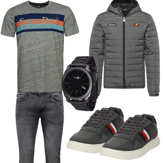 Motorrad Outfit mit Grau/Hellgrau/Dunkelgrau Steppjacke/Kapuzenjacke/Isolationsjacke/Kunstfaserjacke/Thermojacke/Strickjacke Gefüttert/Stehkragen-Strickjacke/Winter Strickjacke/Wolle Strickjacke Ellesse "Cooles Outfit"Look: Motorrad, Wandern, Rugby