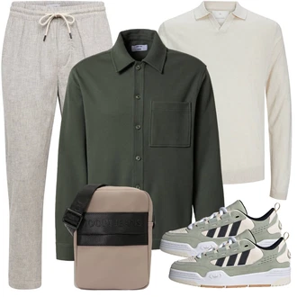 Lyocell Outfit mit Khaki/Beige/Weiß T-Shirt & Top/Strick Top/Langarm-Shirt/Poloshirt/Hemdoberteil/Rollkragenshirt Jack & Jones "Cooles Outfit"