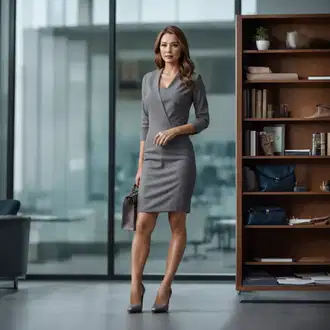 Outfit sa Tamnozelena/Siva/Kaki/Smeđa Platnena Haljina/Haljina Ravnog Kroja/Haljina Bez Rukava/Haljina S Visokim Ovratnikom/Carmen Haljina/Haljina za ured/Midi Haljina/Haljina do koljena/Uska Haljina stylove "Elegantan Poslovni Izgled"