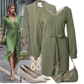 Outfit sa Tamnozelena/Zeleno Platnena Haljina Dugih Rukava/Zimska haljina dugih rukava/Haljina tunika/Pletena Haljina/Haljina s Pojasom/Jesenska Haljina/Bluza Haljina/Džemper Haljina About You "Proljetni outfit"