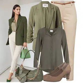 90-ich, Stil Outfit sa Tamnozelena/Kaki/Siva/Smeđa Bluza s gumbom/Duga Bluza/Bluza Dugih Rukava/Tunika Majica/Slip-on Bluza/Bluza s Podignutim Ovratnikom/Svilena bluza/Poslovna Bluza/Bodija Bluze/Jednobojna Bluza/Kožna jakna/3/4 Bluza Vila "Proljetni outfit"Look: klasický, Lagano, Stil