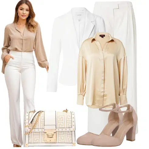 Kombinace Krémová/Khaki/Bílá Marlene Kalhoty/Kalhoty se Štěrbinou/Plisovaná kalhoty/Kalhoty s Vysokým Pasem/Mušelínové kalhoty/Plisovaná Kalhoty/Široká Kalhoty/Kalhoty s nášivkou uprostřed LENI KLUM x ABOUT YOU kombinovat s Béžová/Bílá/Zlatý/Khaki/Oranžová/Hnědá Neobvyklá Halenka/Halenka s Nafouknutým Rukávem/Hedvábná Halenka/Oversize Halenka/Saténová Halenka misspap