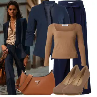 20 léta Outfit s Modrá/Tmavě modrá Široká Kalhoty/Marlene Kalhoty/Palazzo Kalhoty/Mušelínové Kalhoty/Culotte Kalhoty/Tradiční Kalhoty/Paperbag Kalhoty Vila "Elegantní vzhled"Look: 20 léta, 90tá léta, Cool, Francouzské, Námořní, Old Money