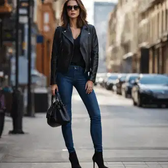Denim jacket outfits 80. leta mit Črna/Temno zelena/Bela Motoristična jakna/Motoristična jakna/Usnjena Jakna/Jakna iz Umetnega Usnja/Vintage usnjena jakna IRO "Elegantne Elegantne Obleke"Look: 80. leta, Nor, Egirl