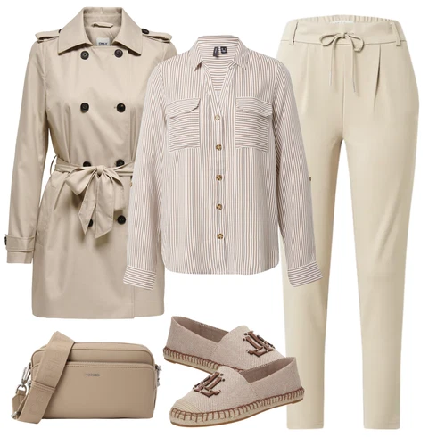 Kombinace Béžová/Hnědá/Khaki/Světle šedá Manšestrová Halenka/Blůza s knoflíčkem/Halenka s Dlouhým Rukávem/Oversize Halenka/Blůza s nášivkou na lokti VERO MODA kombinovat s Béžová/Khaki/Hnědá Paperbag Kalhoty/Úzká Kalhoty/Ležérní Kalhoty/Mušelínové kalhoty/Mrkvová Kalhoty Only