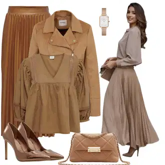 Outfit s Zlatý/Hnědá Elegantní Bota/Lodička na Vysokém Podpatku/Lodička s vysokým nártem/Bota Na Podpatku Aldo "Elegantní vzhled"